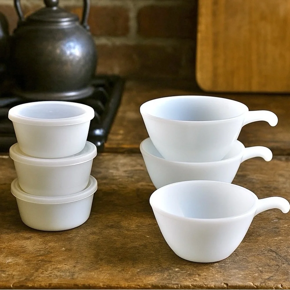 Fire-King Anchor Hocking Milk Glass Custard Cups  Handled French Casserole Bowls